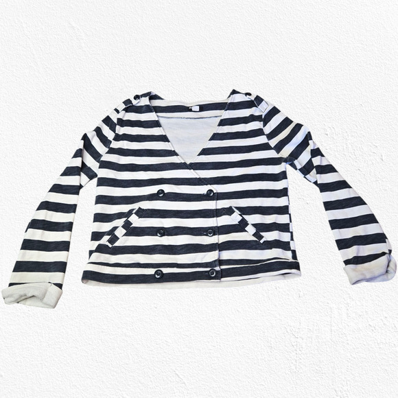 BDG Sweaters - BDG Navy White Striped French Terry V Neck Wrap Cropped Sweater Size Medium